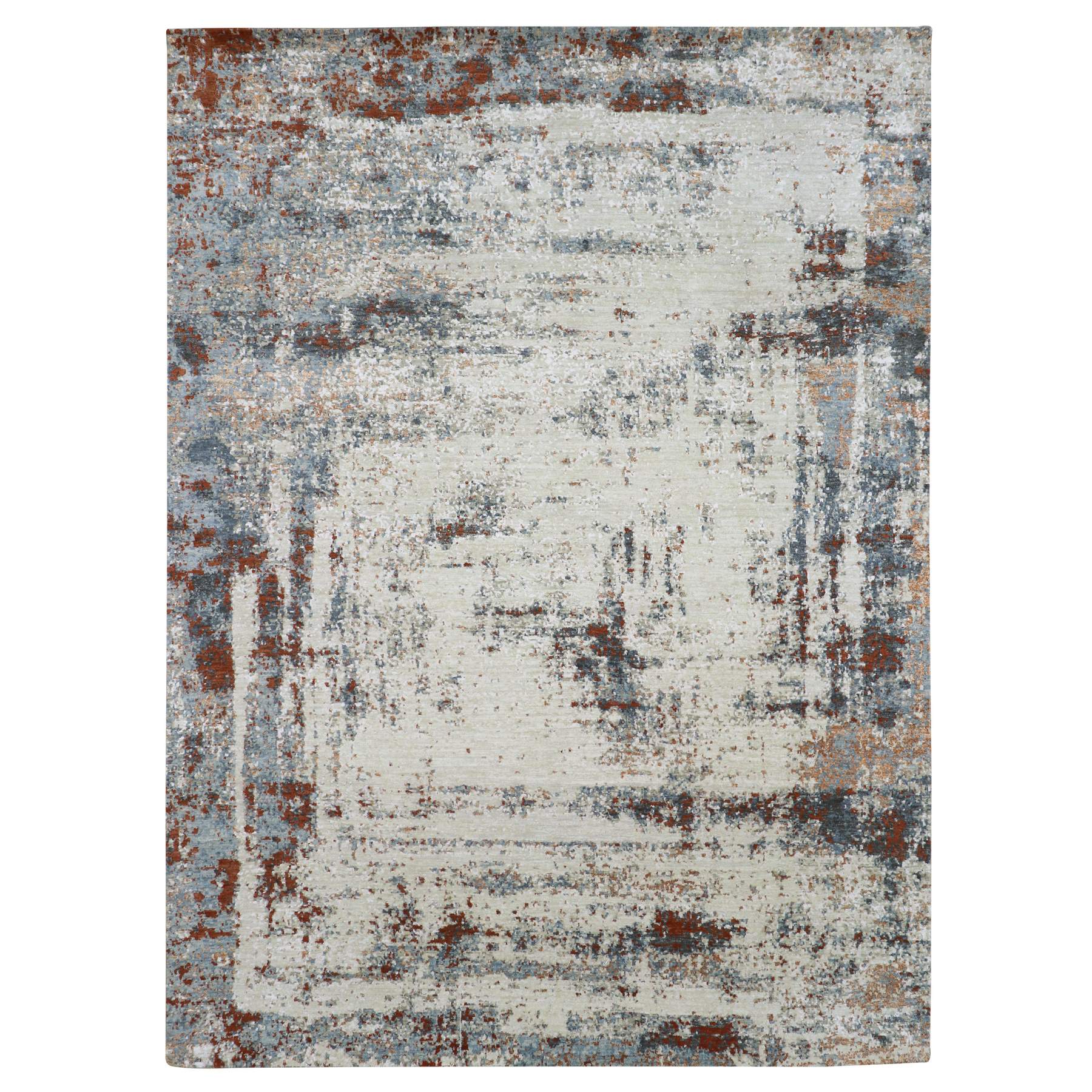 Ivory with Gray, Persian Knot, Abstract with Galaxy Design, 100% Wool, Hand Knotted, Densely Woven, Oriental Rug